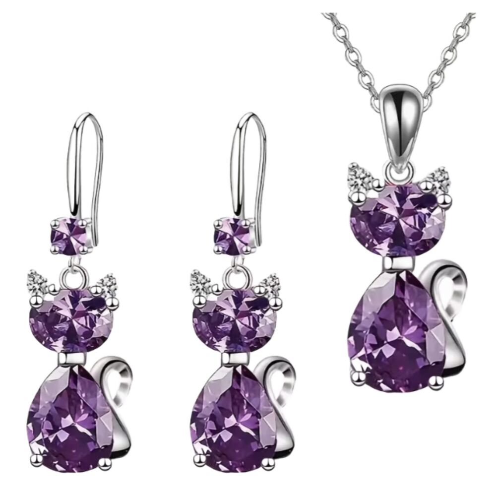 Purple Crystal Cat Earrings & Necklace Jewelry Set